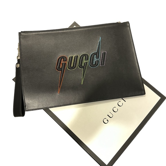 Authentic Gucci Blade Embroidered Leather Large clutch Wristlet Bag New - Picture 1 of 8
